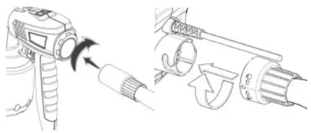 Technical diagram showing a device being adjusted to a cable or cable assembly with directional arrows indicating motion.