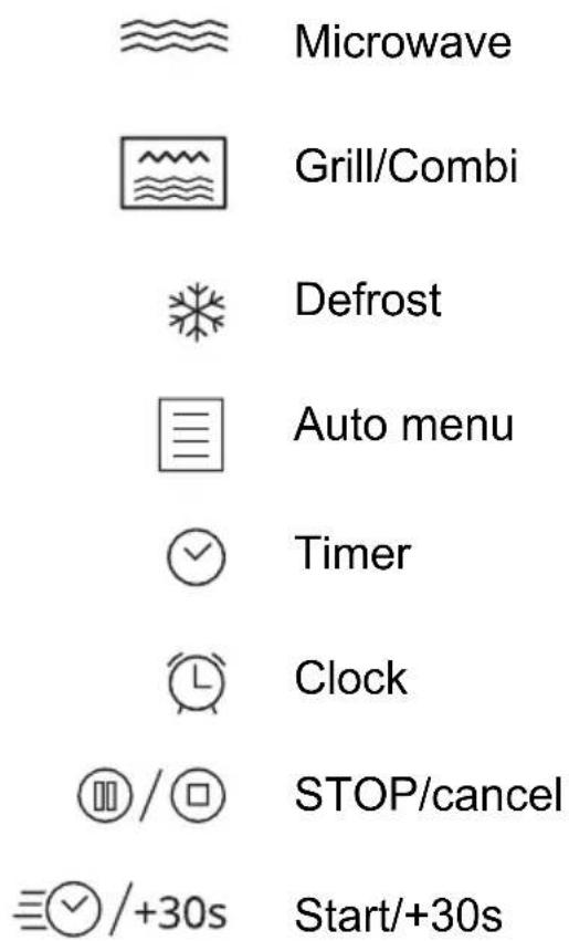 Microwave Grill/Combi Defrost Auto menu Timer Clock STOP/cancel Start/+30s