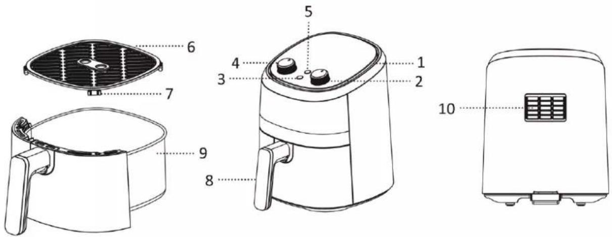 Technical diagram of an air fryer with numbered parts for identification and assembly reference.