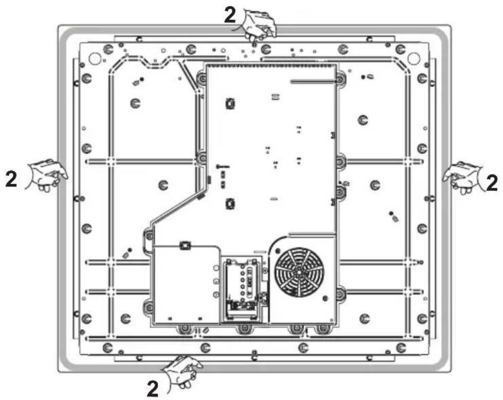 Technical diagram of a device interior with labeled components and hand gestures indicating assembly or status.