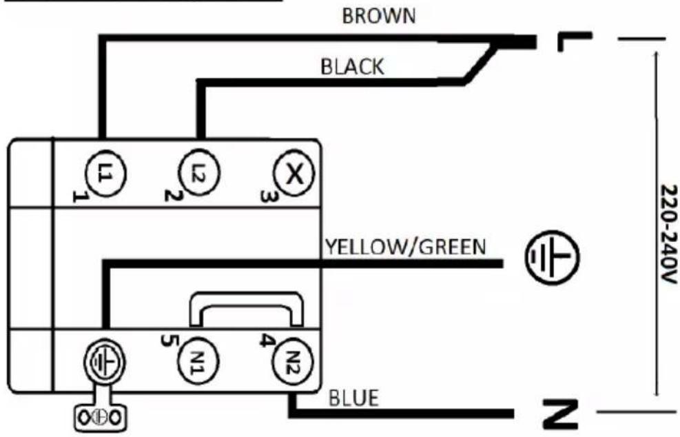 BROWN BLACK 1 F 2 F 3 X YELLOW/GREEN 5 N1 4 N2 BLUE Z 220-240V