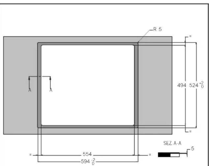 R 5 = 494 524⁺²₀ = SEZ. A-A = 554 594⁻²₀ = =
