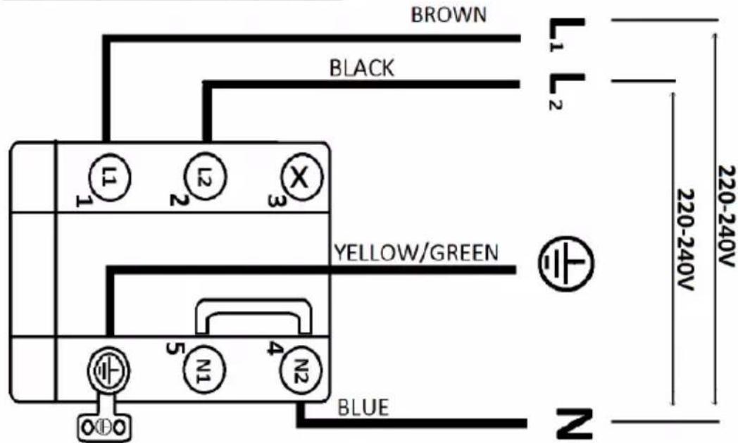 BROWN BLACK 1 2 3 YELLOW/GREEN 5 N1 4 N2 BLUE L1 L2 220-240V N