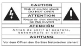 CAUTION Risk of electric shock DO NOT OPEN ATTENTION Risque de choc électrique NE PAS OUVIR ATENCIÓN Antes de abrir el aparato, desenchule el cable! ACHTUNG Vor dem Öffnen des Gerätes Netzstecker ziehen!