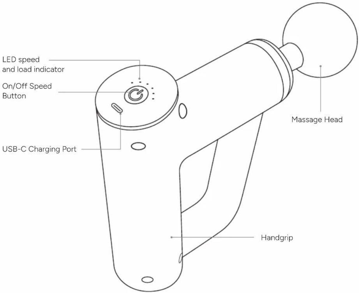 LED speed and load indicator On/Off Speed Button USB-C Charging Port Massage Head Handgrip
