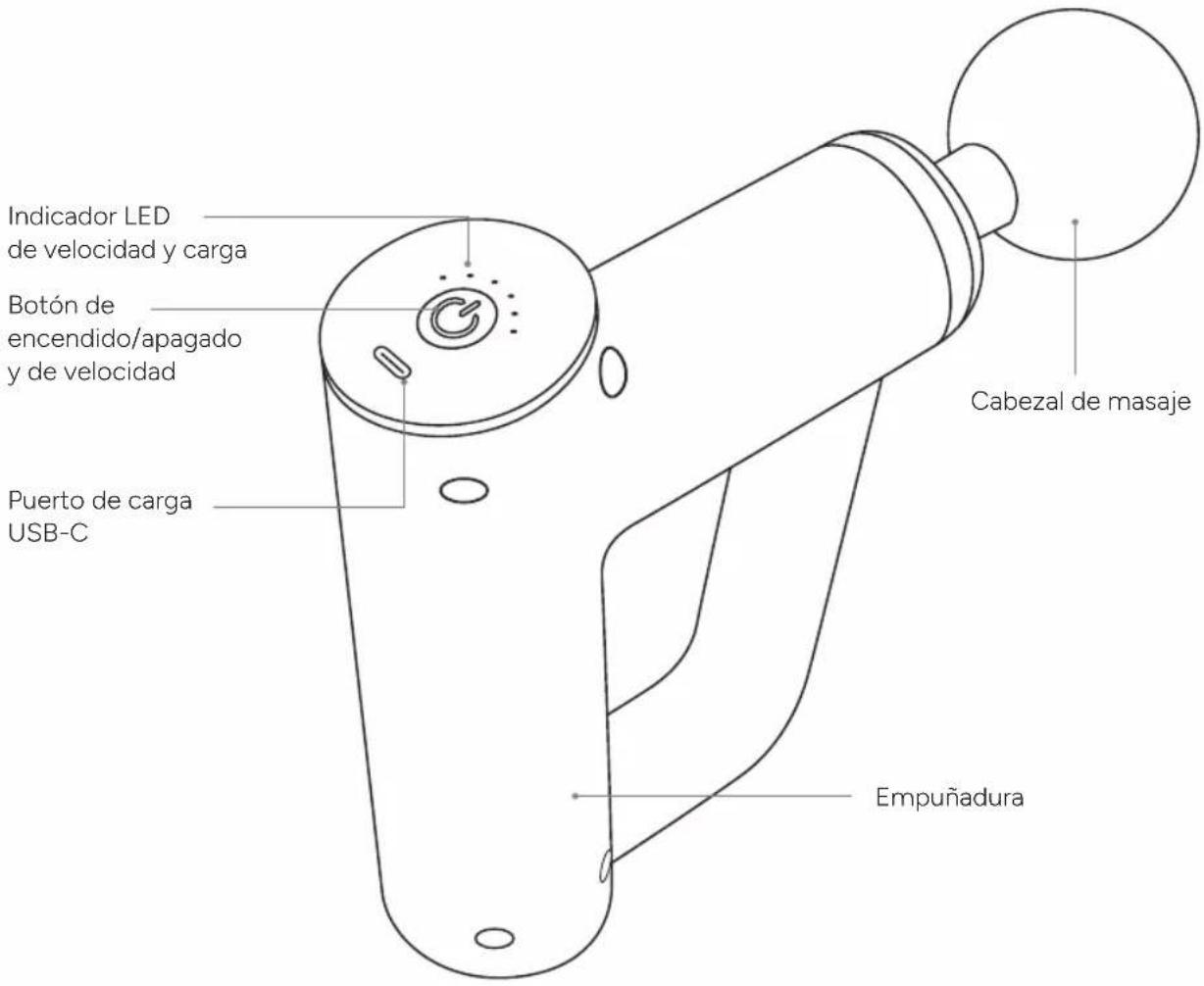 Indicador LED de velocidad y carga Botón de encendido/apagado y de velocidad Puerto de carga USB-C Cabezal de masaje Empuñadura