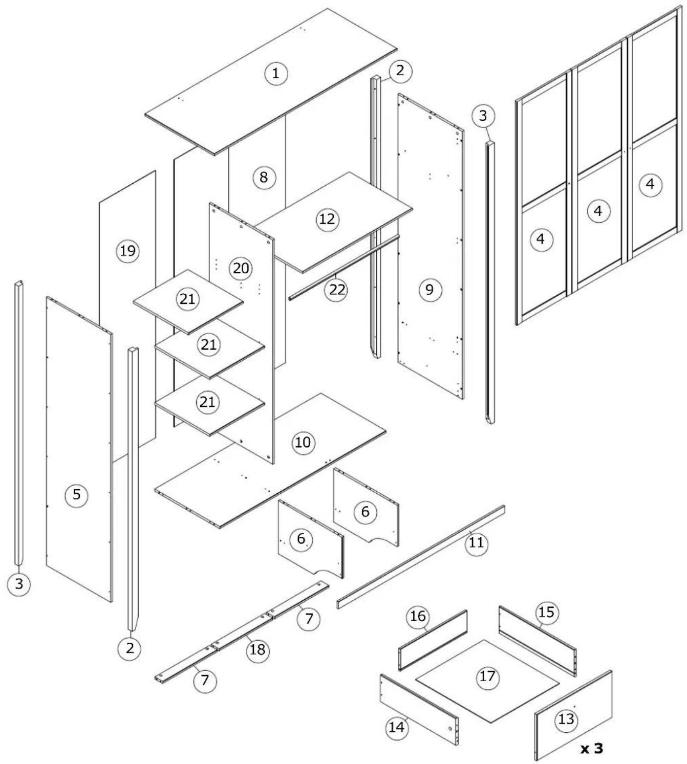 Exploded view diagram of a modular furniture or storage unit with numbered components and cross-sectional views
