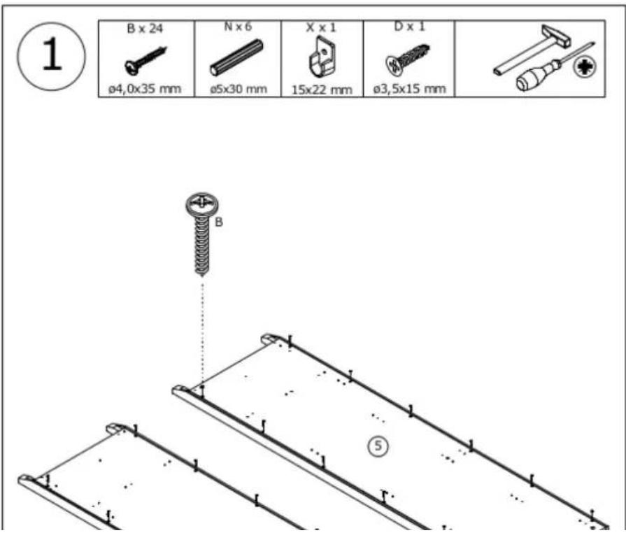 B x 24 ø4,0x35 mm N x 6 ø5x30 mm X x 1 15x22 mm D x 1 ø3,5x15 mm ① B ⑤