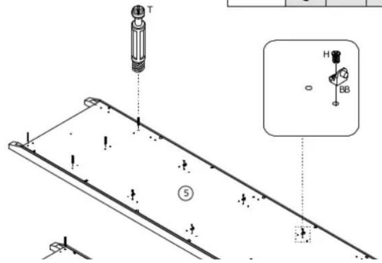 Technical diagram showing a screwdriver installation on a metal plate with labeled components and a magnified inset showing a component labeled H and BB.