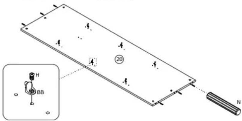 Technical diagram of a mechanical assembly with labeled components and an inset showing a component labeled H, BB, and N.