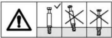 Warning symbols for screw and nut assembly, including warning triangle, checkmark, cross, and cross symbols