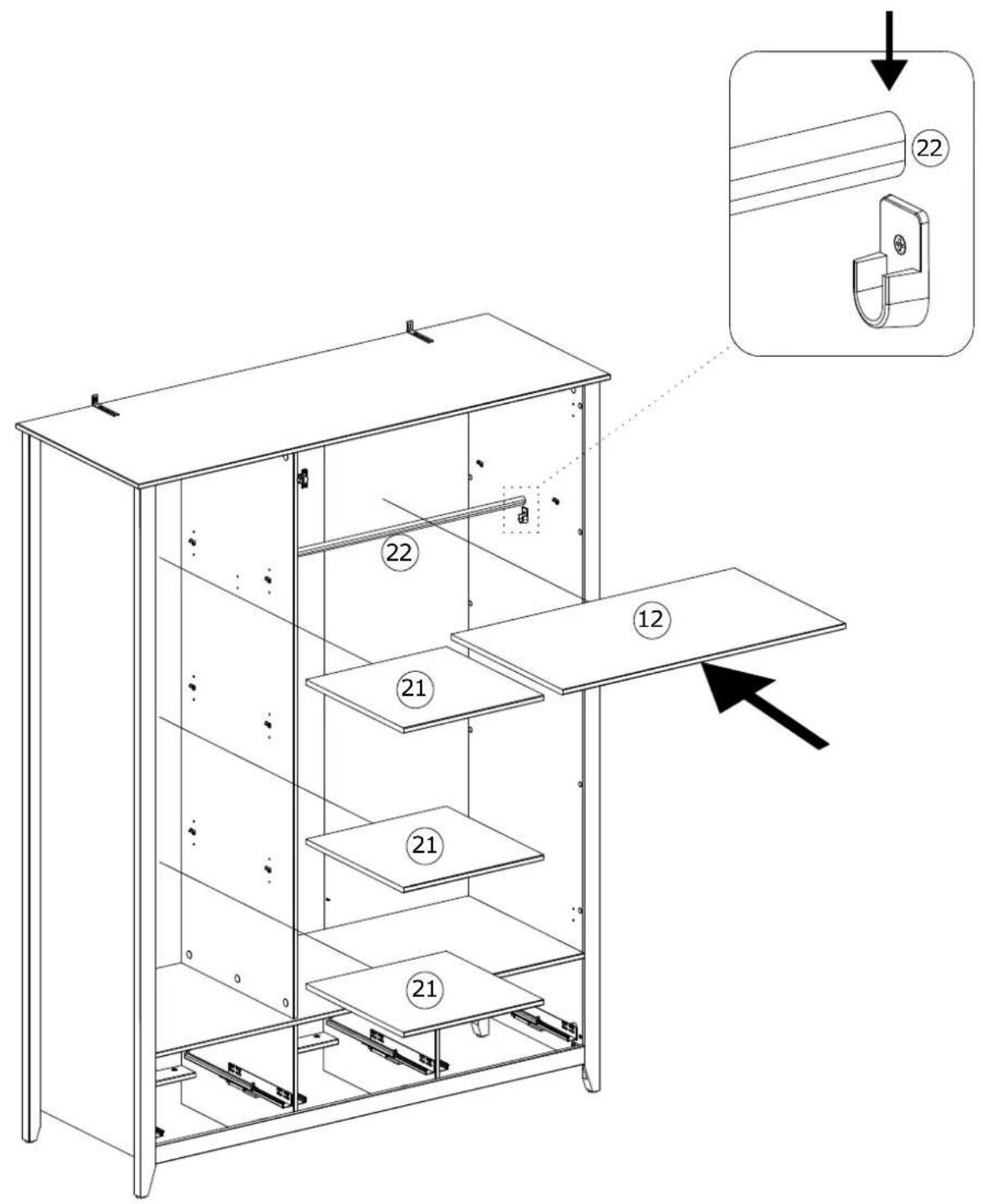 Technical diagram of a multi-level cabinet with numbered compartments and an inset showing a wall-mounted door.
