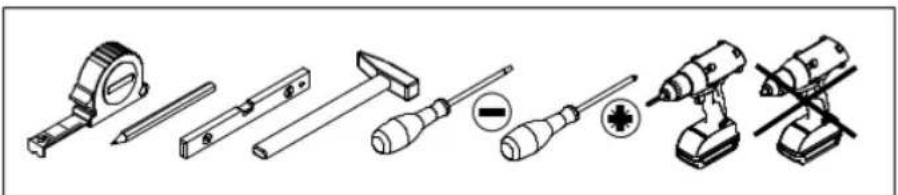 Diagram showing various types of tools including a measuring tool, screwdriver, and drill press with corresponding labels.