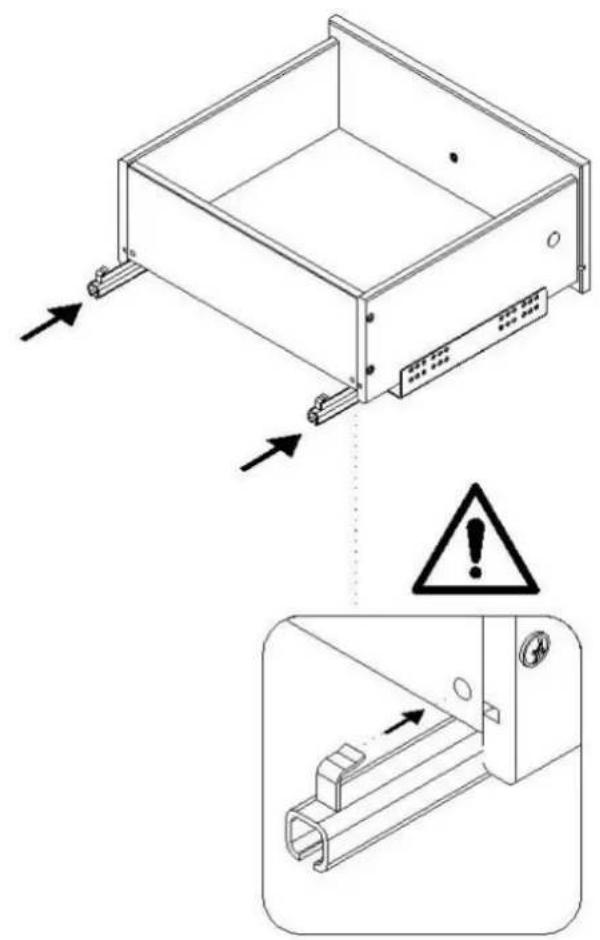 Technical diagram showing a rack-mounted device with warning indicators and a close-up of its internal structure.