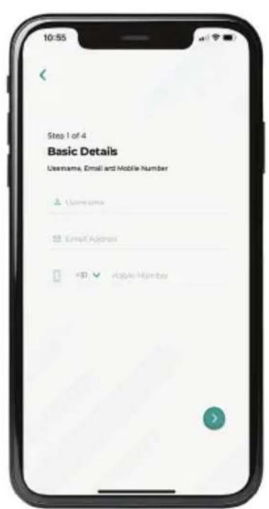10:55 Step 1 of 4 Basic Details Username, Email and Mobile Number ↓ Username ↓ Email Address ✓ Add-in Add-in Add-in