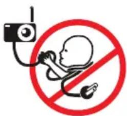 Safety warning symbol for child using a camera and no phone, enclosed in a red circle