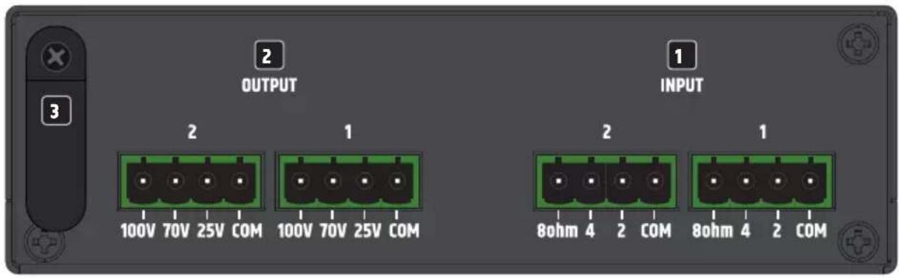OUTPUT INPUT 3 2 1 2 1 100V 70V 25V COM 8ohm 4 2 COM 8ohm 4 2 COM