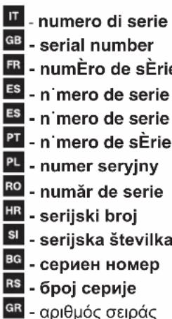 IT - numero di serie GB - serial number FR - numÈro de sÈrie ES - n`mero de serie ES - n`mero de serie PT - n`mero de sÈrie PL - numer seryjny RO - număr de serie HR - serijski broj SI - serijska številka BG - сериen номер RS - број серије GR - арітмю́с теирá́с