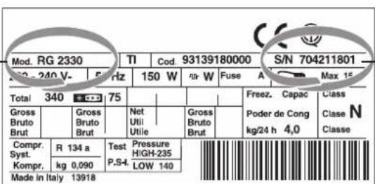 Mod. RG 2330 TI Cod. 93139180000 S/N 704211801 150 W #r W Fuse A Max 15 Total 340 75 Gross Bruto Brut Gross Bruto Brut Net Util Utilie Gross Bruto Brut Freez. Capac Class Poder de Cong Clase N kg/24 h 4,0 Classe Compr. R 134 a Test Pressure Syst. High-235 Kompr. kg 0,090 LOW 140 Low Made in Italy 13918