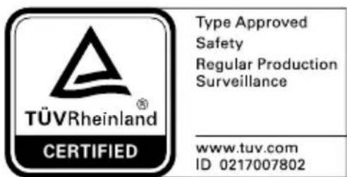 TÜVRheinland® CERTIFIED Type Approved Safety Regular Production Surveillance www.tuv.com ID 0217007802