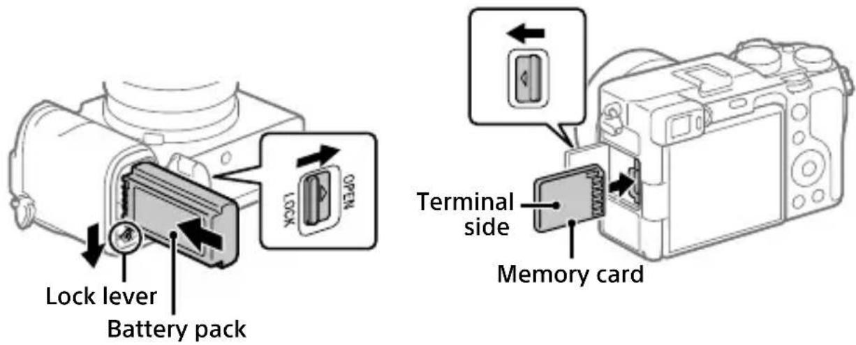 SONY Alpha A7C II - Inserting the battery pack (supplied)/memory card (sold separately) into the camera - 1
