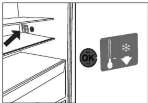 Diagram showing a shelf with an arrow and a temperature thermometer icon, alongside a door with warning labels.