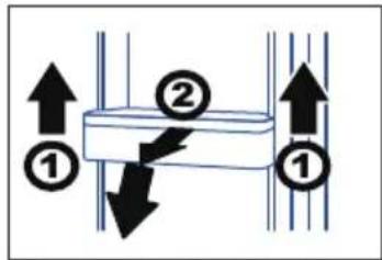 Diagram showing two labeled components (① and ②) with directional arrows indicating movement or force, likely illustrating a mechanical or fluid system.