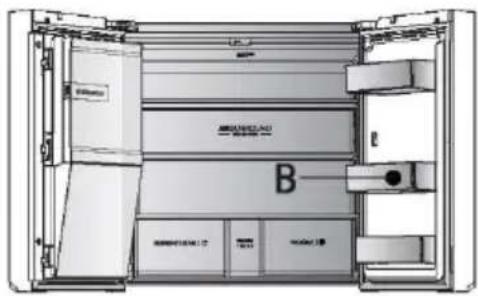 Technical diagram of a container with labeled sections and directional arrows, showing internal layout and component labels.