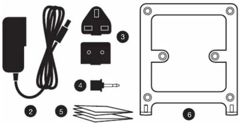 Diagram showing components of an electronic device with labeled parts including power adapter, cable, socket, and display panel.