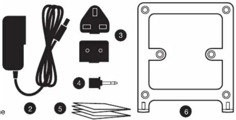 Diagram showing components of an electrical enclosure with labeled parts including power adapter, plug, socket, and mounting bracket.