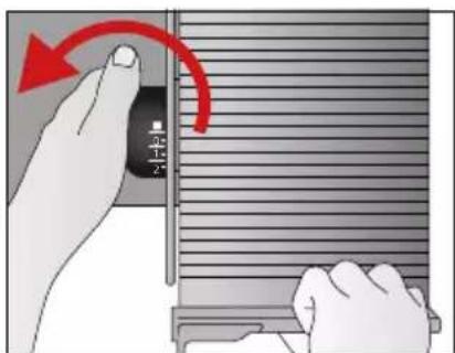 Diagram showing hand press a doorbell with red curved arrow indicating rotation or change, labeled with scale and measurement units.