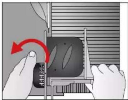 Diagram showing hands using a tool to interact with a device, with red arrows indicating rotation and measurement scale.