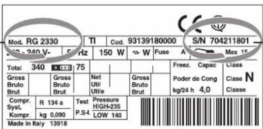 Mod. RG 2330 TI Cod. 93139180000 S/N 704211801 50 - 240 V- 5 Hz 150 W no-W Fuse A Max 15 Total 340 C+D 75 Freez. Capac Class Gross Bruto Brut Gross Bruto Brut Net Util Utilie Gross Bruto Brut Poder de Cong kg/24 h 4,0 Clase N Compr. R 134 a Test Pressure HIGH-235 Syst. P-S-L LOW 140 Kompr. kg 0,090 Made in Italy 13918