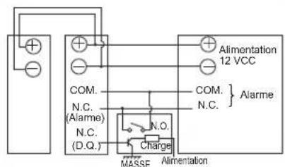 Alimentation 12 VCC COM. N.C. (Alarme) N.C. (D.Q.) N.O. Charge MASSE Alimentation COM. N.C. } Alarme