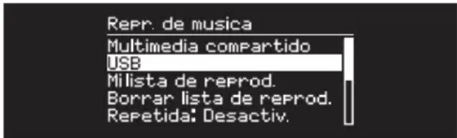 Repr. de musica Multimedia compartido USB Milista de reprod. Borrar lista de reprod. Repetida: Desactiv.