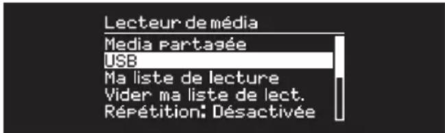 Lecteur de média Media Partagée USB Ma liste de lecture Vider ma liste de lect. Répétition: Désactivée
