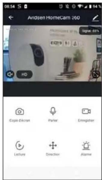 08:54 Aridsen HomeCam 360 HD Copie d'écran Parler Enregister Lecture Direction Alarme