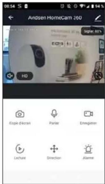 Avidsen HomeCam 360 Signal: 88% Copie d'écran Parler Enregistrer Lachuté Direction Alarme