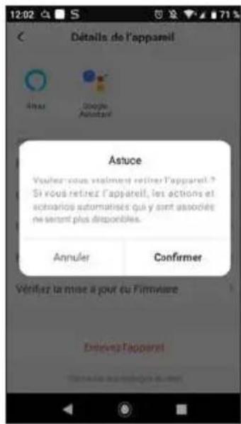Détalles de l'appareil Annul Google Assorter Astuce Vouhér nous vraiment restiner l'appareil ? Si vous retirez l'appareil, les actions et scenarios automatises qui y sont associés ne seront plus disponibles. Annuler Confirmer Verifier la mise à pour eu Fimmaire Delieve l'appareil