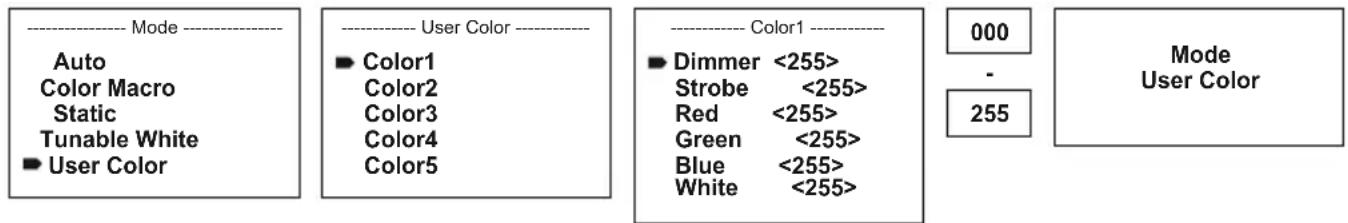Mode Auto Color Macro Static Tunable White User Color User Color Color1 Color2 Color3 Color4 Color5 Color1 Dimmer <255> Strobe <255> Red <255> Green <255> Blue <255> White <255> 000 - 255 Mode User Color