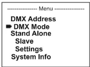 Cameo ZENIT P 130 - IMPOSTAZIONE DELLA MODALITÀ DI FUNZIONAMENTO DMX (DMX Mode) - 1