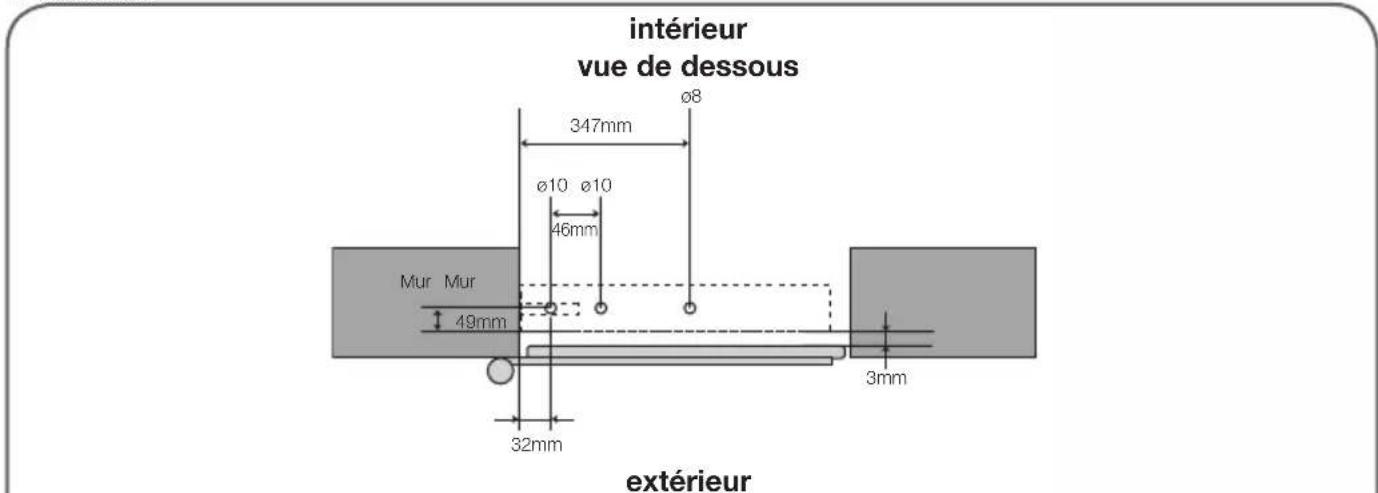 intérieur vue de dessous 347mm Ø8 Ø10 Ø10 46mm Mur Mur 49mm 32mm 3mm extérieur