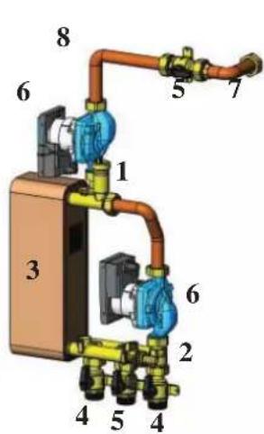 EDILKAMIN AQUAMAXI 28 - PRZYKŁAD INSTALACJI HYDRAULICZNEJ KOMINKA Z OTWARTYM NACZYNIEM WYRÓWNAWCZYM POŁĄCZONEGO Z KOTŁEM GAZOWYM. WYTWARZANIE CIEPŁEJ WODY UŻYTKOWEJ ZA POMOCĄ WEŻOWNICY. - 2