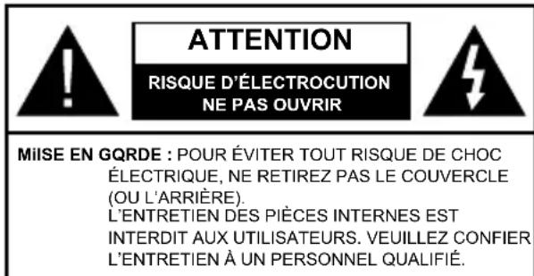 ATTENTION RISQUE D'ÉLECTROCUTION NE PAS OUVRIR MIISE EN GQRDE : POUR ÉVITER TOUT RISQUE DE CHOC ÉLECTRIQUE, NE RETIREZ PAS LE COUVERCLE (OU L'ARRIÈRE). L'ENTRETIEN DES PIÈCES INTERNES EST INTERDIT AUX UTILISATEURS. VEUILLEZ CONFIER L'ENTRETIEN À UN PERSONNEL QUALIFIÉ.