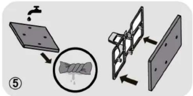Diagram illustrating a solar panel installation process with water displacement, showing steps from drain to cover plate and back panel.