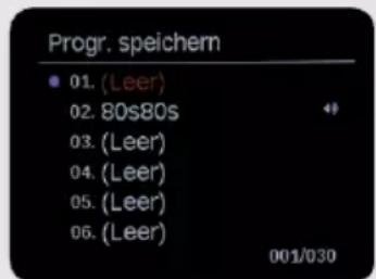 Progr. speichern 01. (Leer) 02. 80s80s 03. (Leer) 04. (Leer) 05. (Leer) 06. (Leer) 001/030
