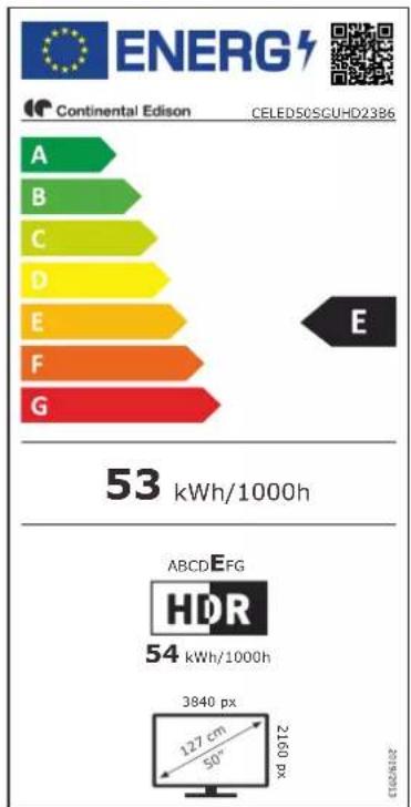 ENERG Continental Edison CELED50SGUHD2386 A B C D E F G E 53 kWh/1000h 54 kWh/1000h 3840 px 127 cm 50° 2160 px ABCDEFG HDR