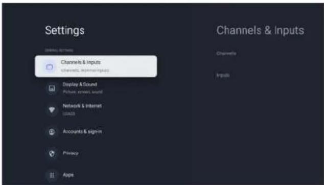 Settings Channels & Inputs Channels, input/Inputs Display & Sound Picture screen sound Network & Internet GPS Accounts & sign-in Privacy Apps Channels & Inputs