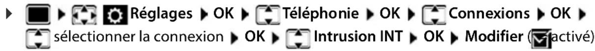 Réglages ► OK ► Téléphonie ► OK ► Connexions ► OK ► sélectionner la connexion ► OK ► Intrusion INT ► OK ► Modifier (activé)
