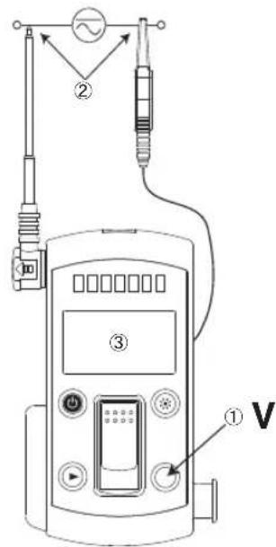 Diagram of a medical or testing device with labeled components and connections, including a voltmeter and sensor.